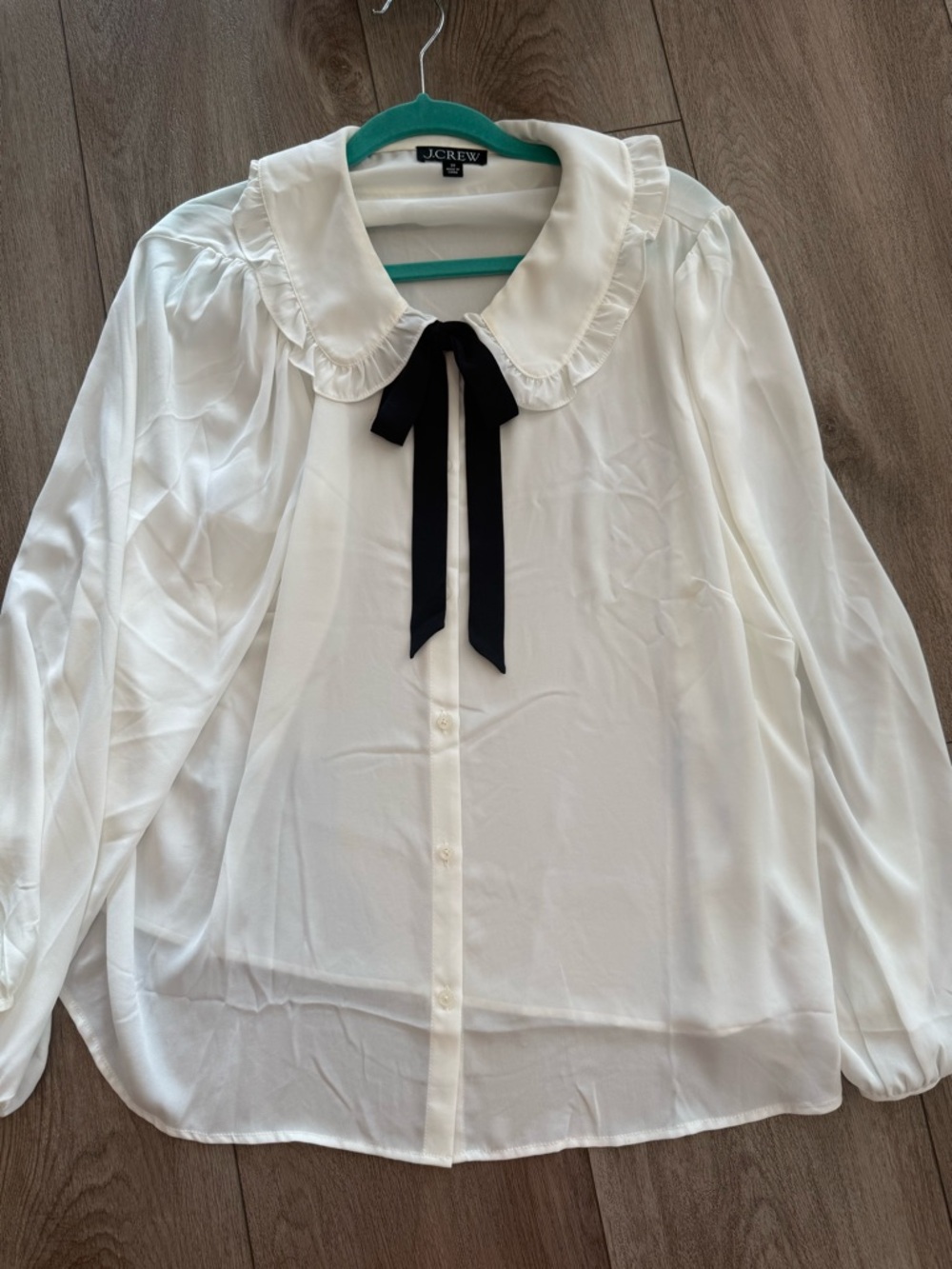 J. Crew White Ruffled Collar Blouse with Black Bow